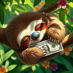 An adorable sloth sleeping peacefully, holding a one-dollar bill tenderly in its hands