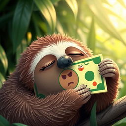An adorable sloth sleeping peacefully while holding a cartoon-style one-dollar bill