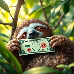 An adorable sloth sleeping peacefully while holding a cartoon-style one-dollar bill