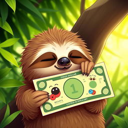An adorable sloth sleeping peacefully while holding a cartoon-style one-dollar bill