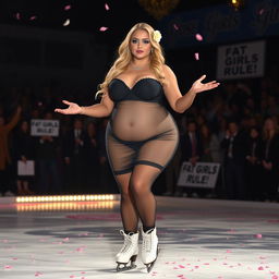 A full length photograph of an enchanting 18-year-old girl with a thin face and a curvy figure, featuring long blonde hair, large round soft breasts, a soft round belly, ultra-wide soft fat round hips, large fat round thighs, and thick round legs