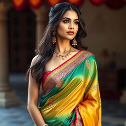 A stunning Indian woman wearing a traditional saree that beautifully showcases a tasteful amount of cleavage