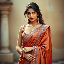 A stunning Indian woman wearing a traditional saree that beautifully showcases a tasteful amount of cleavage