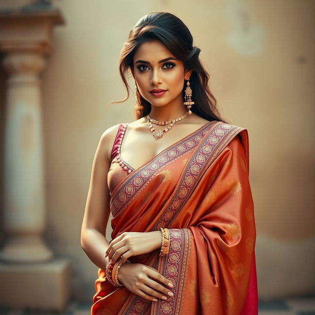 A stunning Indian woman wearing a traditional saree that beautifully showcases a tasteful amount of cleavage