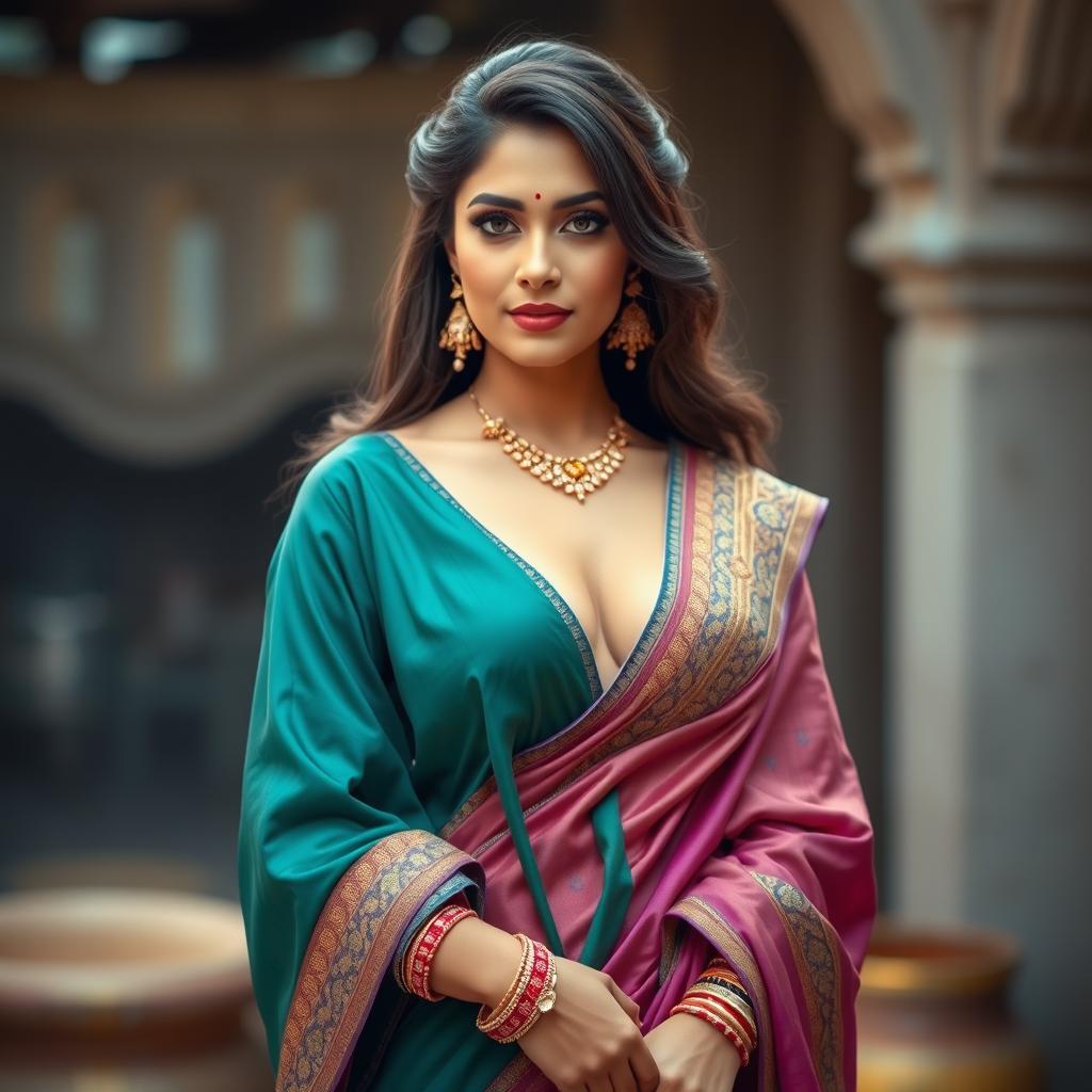 A stunning Indian woman wearing a traditional saree that beautifully showcases a tasteful amount of cleavage