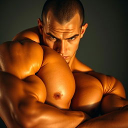 A close-up portrait of a muscular person, showcasing slightly enhanced body muscles for a more defined and sculpted look