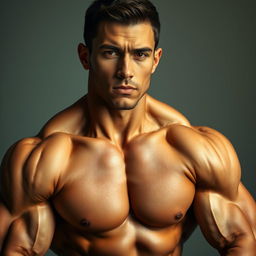 A close-up portrait of a muscular person, showcasing slightly enhanced body muscles for a more defined and sculpted look