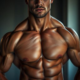 A close-up portrait of a muscular person, showcasing slightly enhanced body muscles for a more defined and sculpted look