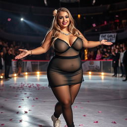 A full length photograph of a captivating 18-year-old girl with a thin face and a curvy figure, featuring long blonde hair, large round soft breasts, a soft round belly, ultra-wide soft fat round hips, large fat round thighs, and thick round legs