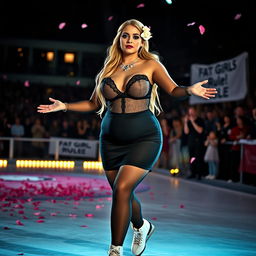 A full length photograph of a captivating 18-year-old girl with a thin face and a curvy figure, featuring long blonde hair, large round soft breasts, a soft round belly, ultra-wide soft fat round hips, large fat round thighs, and thick round legs