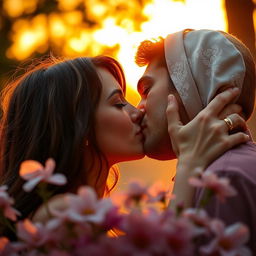 A close-up image of a romantic kiss between two lovers, showcasing their emotions and connection