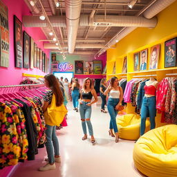 A chic women's clothing store showcasing vibrant 90s-inspired fashion