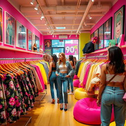 A chic women's clothing store showcasing vibrant 90s-inspired fashion