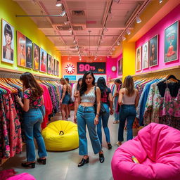 A chic women's clothing store showcasing vibrant 90s-inspired fashion