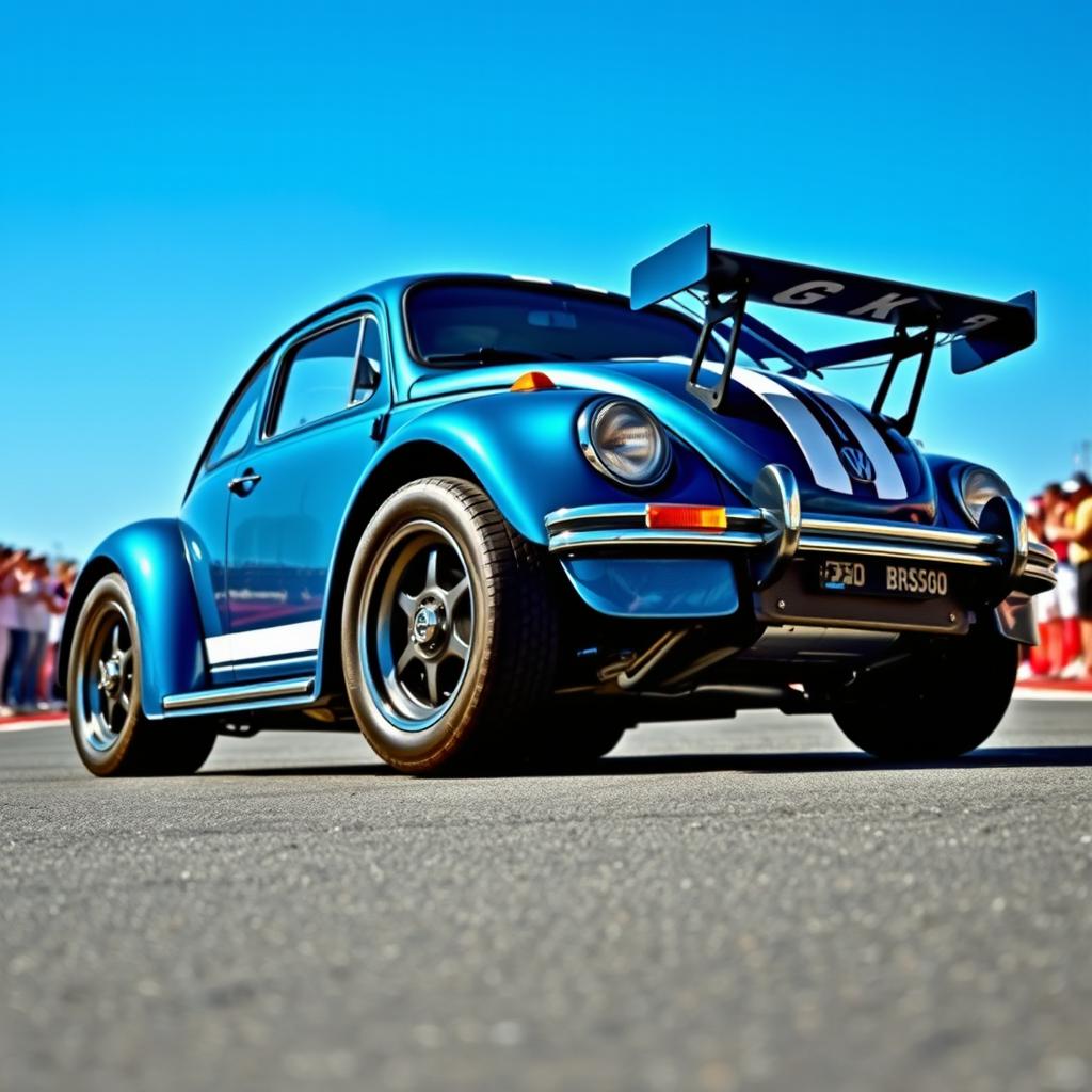 A unique fusion of a classic Volkswagen Beetle (Fusca) modified with sleek, modern elements mirroring the style of a Porsche GT3 RS