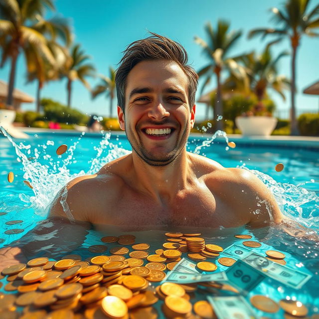 A man joyously swimming in a pool filled with gold coins and bills, smiling broadly as he splashes water around him