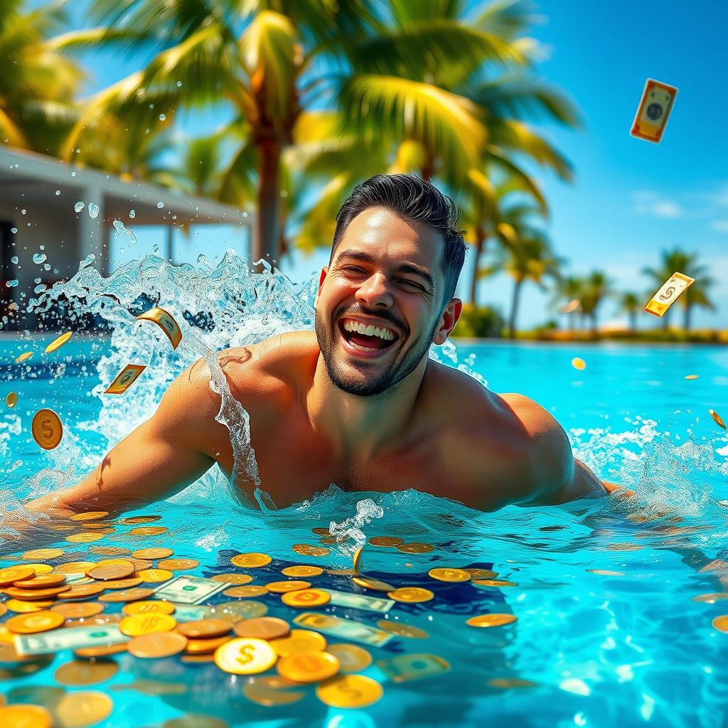 A man joyously swimming in a pool filled with gold coins and bills, smiling broadly as he splashes water around him