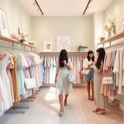 A stylish women's clothing store designed with soft pastel colors