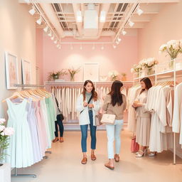 A stylish women's clothing store designed with soft pastel colors