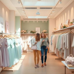 A stylish women's clothing store designed with soft pastel colors