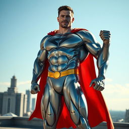 a heroic and muscular man of steel, symbolizing strength and resilience, depicted with a shiny metallic body reflecting light, standing confidently on a city rooftop, wearing a flowing cape, with a skyline in the background, embodying a fierce and determined expression, showcasing detailed contours of his muscles, dramatic lighting highlighting his features, vibrant colors and a dynamic pose to capture the essence of a superhero
