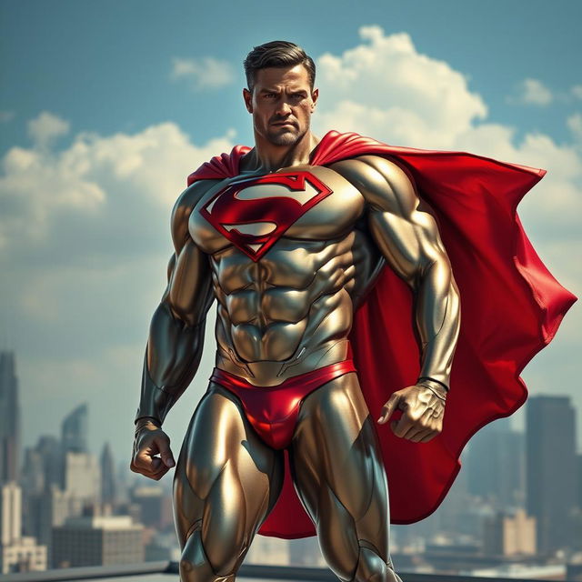 a heroic and muscular man of steel, symbolizing strength and resilience, depicted with a shiny metallic body reflecting light, standing confidently on a city rooftop, wearing a flowing cape, with a skyline in the background, embodying a fierce and determined expression, showcasing detailed contours of his muscles, dramatic lighting highlighting his features, vibrant colors and a dynamic pose to capture the essence of a superhero