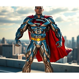a heroic and muscular man of steel, symbolizing strength and resilience, depicted with a shiny metallic body reflecting light, standing confidently on a city rooftop, wearing a flowing cape, with a skyline in the background, embodying a fierce and determined expression, showcasing detailed contours of his muscles, dramatic lighting highlighting his features, vibrant colors and a dynamic pose to capture the essence of a superhero