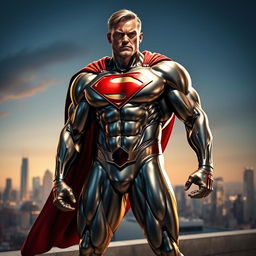 a heroic and muscular man of steel, symbolizing strength and resilience, depicted with a shiny metallic body reflecting light, standing confidently on a city rooftop, wearing a flowing cape, with a skyline in the background, embodying a fierce and determined expression, showcasing detailed contours of his muscles, dramatic lighting highlighting his features, vibrant colors and a dynamic pose to capture the essence of a superhero