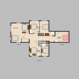 a single floor plan diagram of a residential building featuring three flats