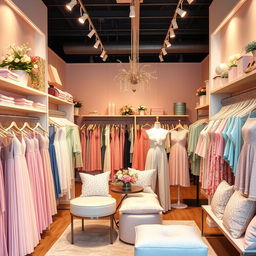 A stylish and inviting women's clothing store decorated in soft pastel colors