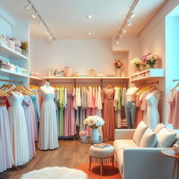 A stylish and inviting women's clothing store decorated in soft pastel colors