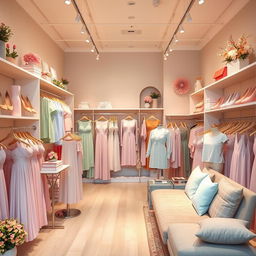 A stylish and inviting women's clothing store decorated in soft pastel colors