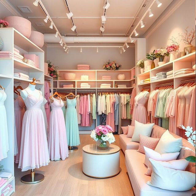 A stylish and inviting women's clothing store decorated in soft pastel colors