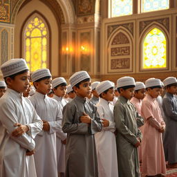 A serene scene of young boys dressed in traditional Islamic attire, standing closely together in a mosque setting performing their Namaz (Salah) in congregation (Jamat)