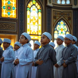 A serene scene of young boys dressed in traditional Islamic attire, standing closely together in a mosque setting performing their Namaz (Salah) in congregation (Jamat)