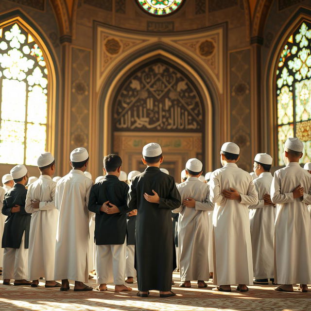 A serene scene of young boys dressed in traditional Islamic attire, standing closely together in a mosque setting performing their Namaz (Salah) in congregation (Jamat)