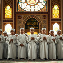 A serene scene of young boys dressed in traditional Islamic attire, standing closely together in a mosque setting performing their Namaz (Salah) in congregation (Jamat)