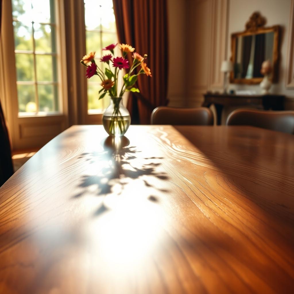 A beautifully polished wooden surface reflecting warm light, showcasing rich grains and intricate textures