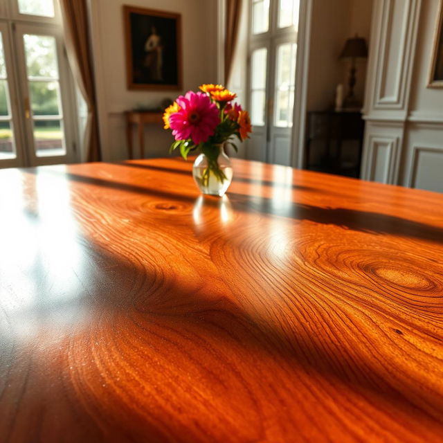 A beautifully polished wooden surface reflecting warm light, showcasing rich grains and intricate textures