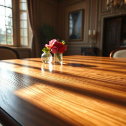 A beautifully polished wooden surface reflecting warm light, showcasing rich grains and intricate textures