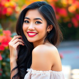 A beautiful young woman with black hair and a cute smile, showcasing her average bust and curvy figure