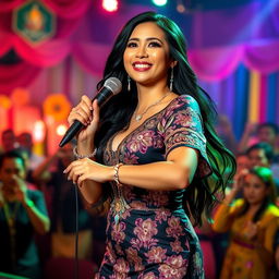 A beautiful Indonesian woman with large breasts, wearing a traditional kebaya, confidently performing on stage as a dangdut singer