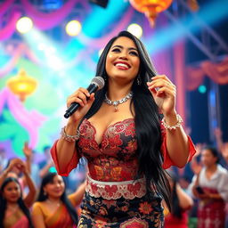 A beautiful Indonesian woman with large breasts, wearing a traditional kebaya, confidently performing on stage as a dangdut singer