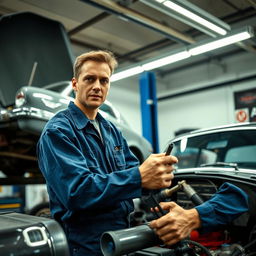 A skilled repairman with a focused expression, working on a car engine inside a well-lit garage