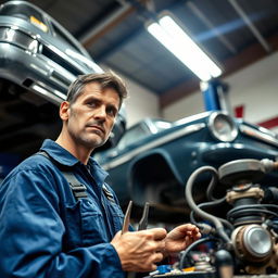 A skilled repairman with a focused expression, working on a car engine inside a well-lit garage