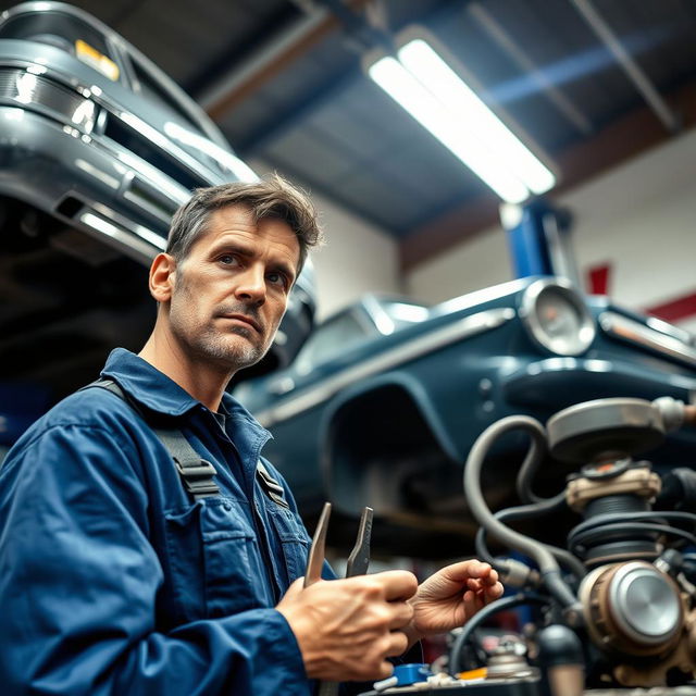 A skilled repairman with a focused expression, working on a car engine inside a well-lit garage