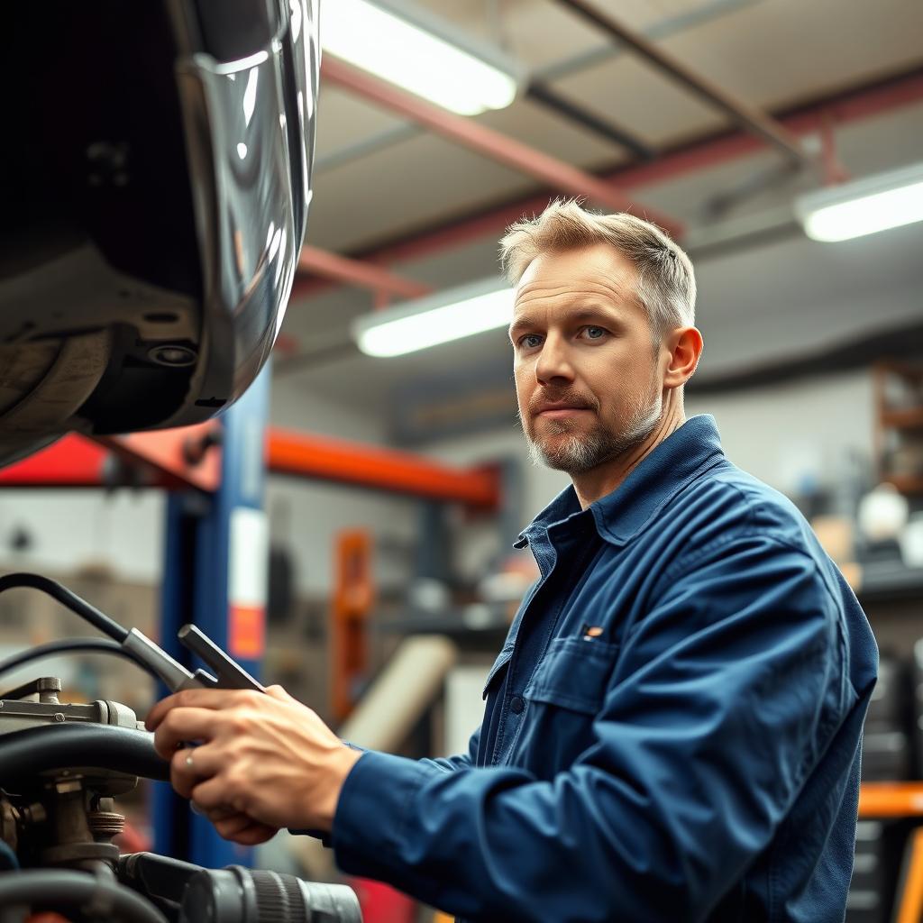 A skilled repairman with a focused expression, working on a car engine inside a well-lit garage