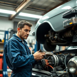 A skilled repairman with a focused expression, working on a car engine inside a well-lit garage