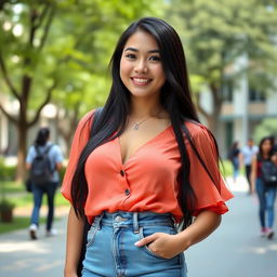 A beautiful Indonesian university student with large breasts, exuding a playful and charming demeanor