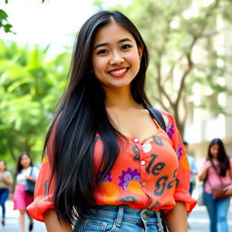 A beautiful Indonesian university student with large breasts, exuding a playful and charming demeanor
